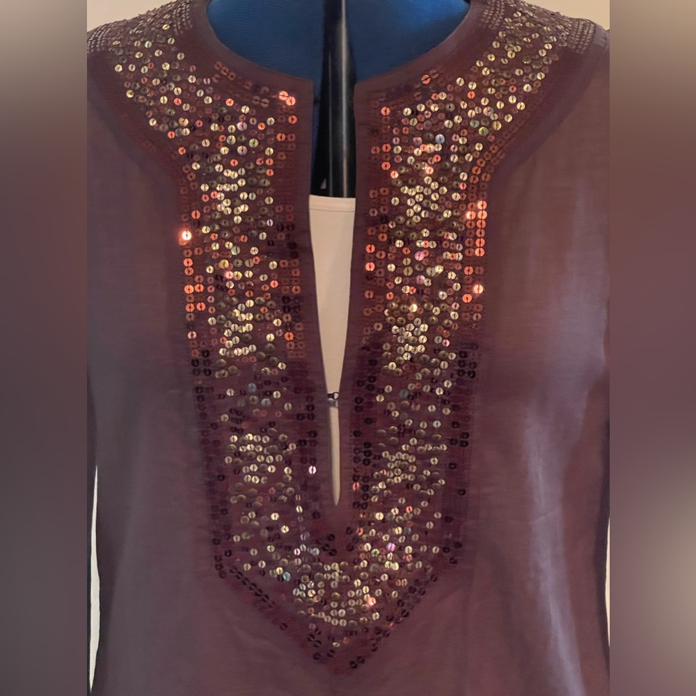 Cotton Dark Brown Poncho w/ Copper and Gold Sequin Neck and Sleeve Cuffs: Sz 1 - Picture 6 of 11
